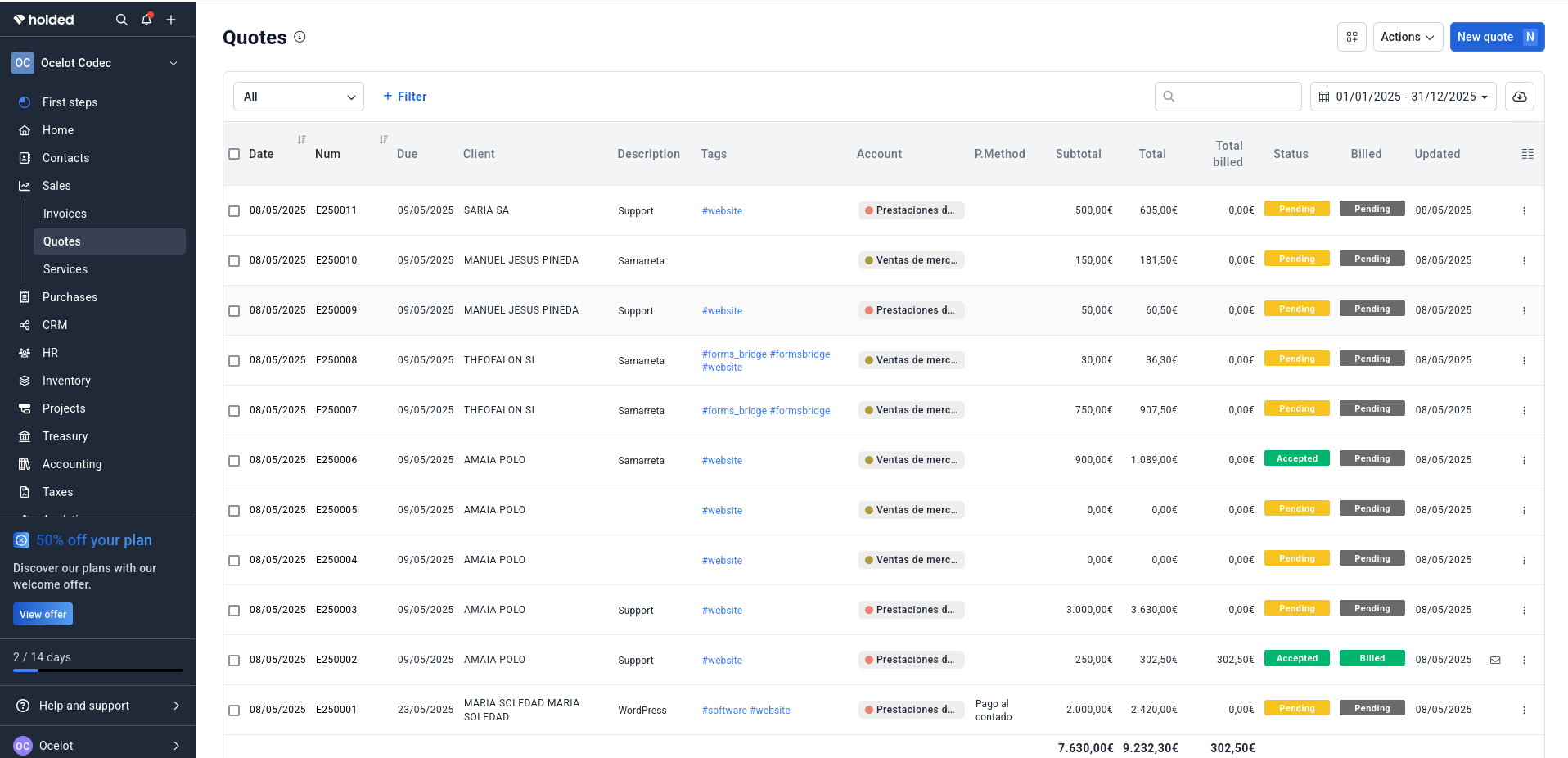 Holded quotes page example