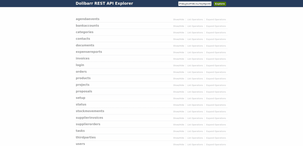 Screenshot Dolibarr's API explorer UI
