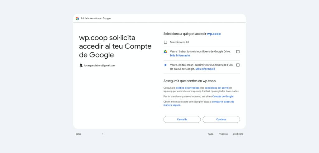 Screenshot of the Google consent screent with a prompt with two permissions: Google Drive access and Spreadsheets write and edit.