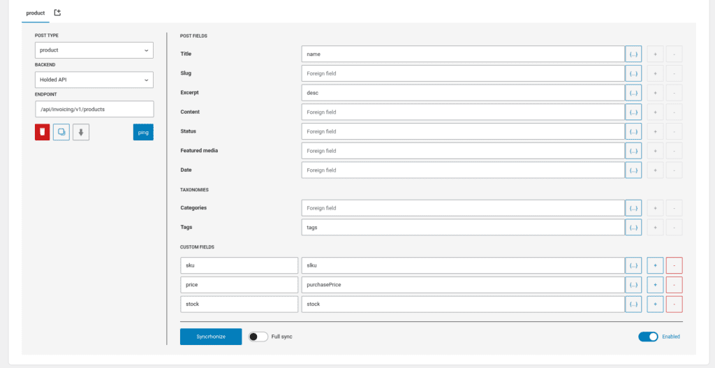 Bridge settings screenshot with a bridge that connects the product post type to Holded.