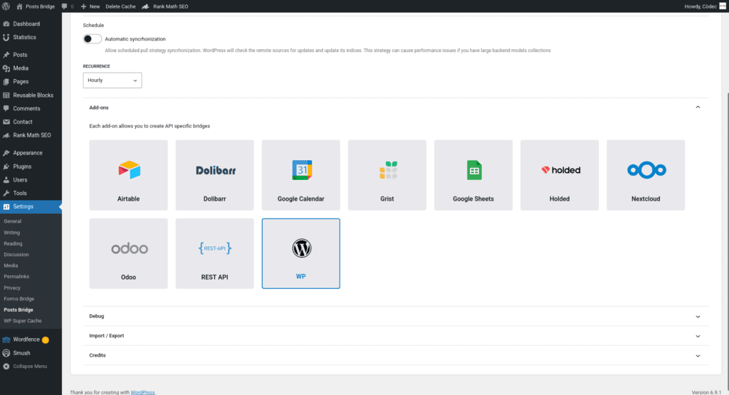 Screenshot of the add-on panel on the general settings tab with the Airtable add-on activated