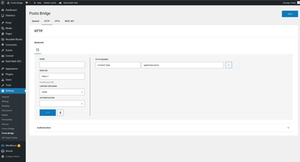 New backend registration form on the HTTP settings ta