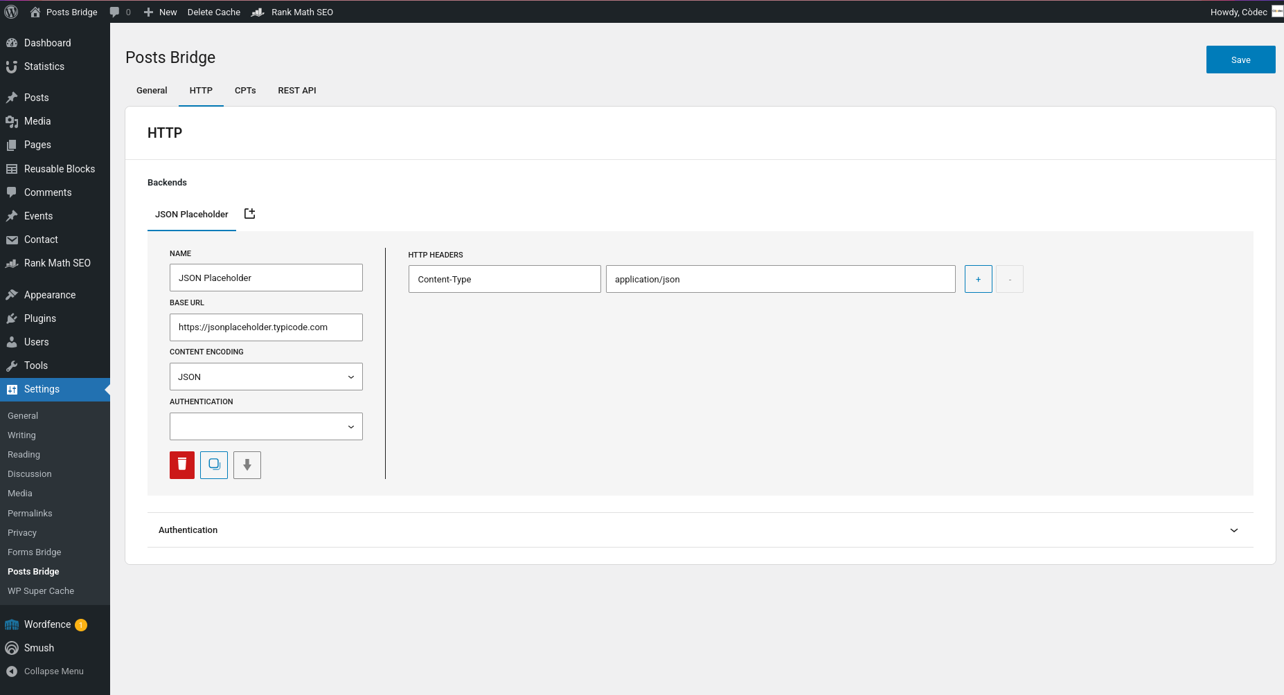 Backends panel with the {JSON} Placeholder backend connection setting visible 