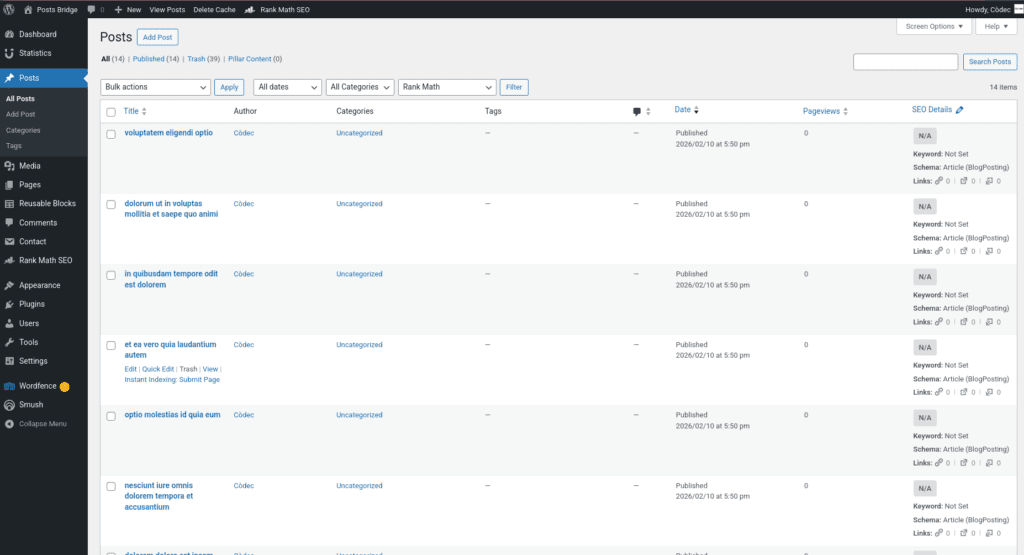 Screenshot of the posts collection in the WordPress admin panel after the synchronization.