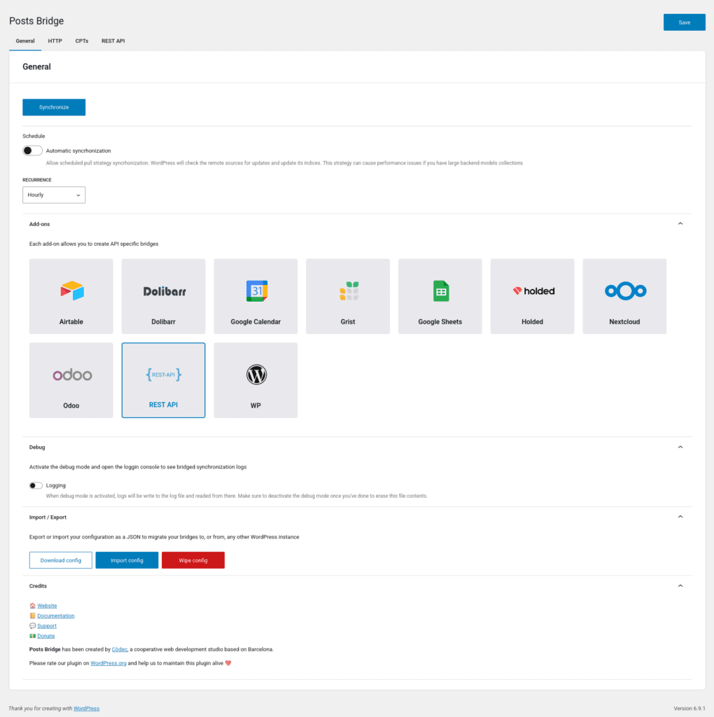General settings tab content with synchronization, addons, debug, import /export and credeit panels visibles