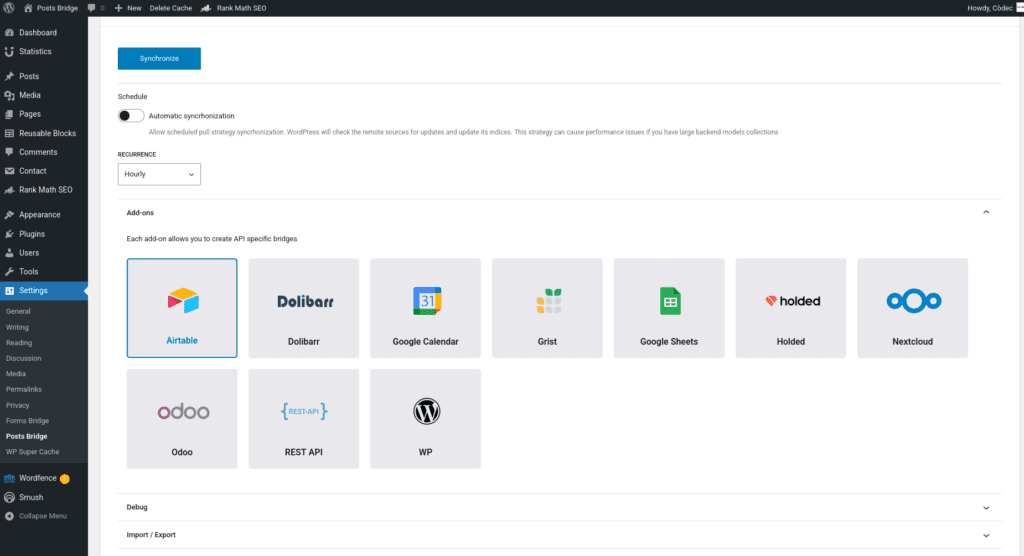 Screenshot of the add-on panel on the general settings tab with the Airtable add-on activated