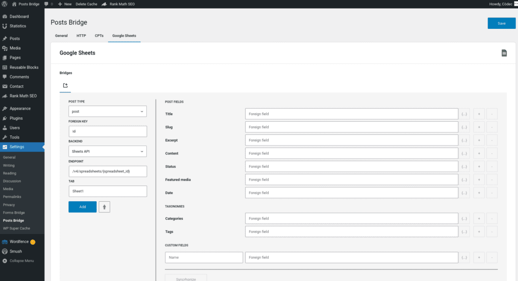 Gogle Shets tab out of the box without bridge configurations.