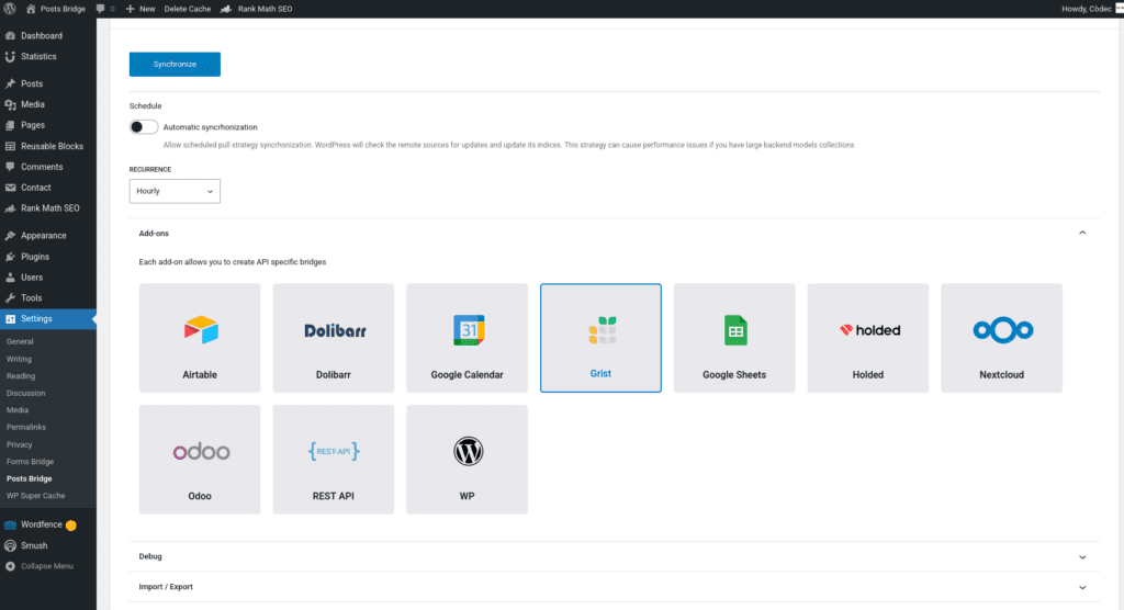 Screenshot of the add-on panel on the general settings tab with the Grist add-on activated