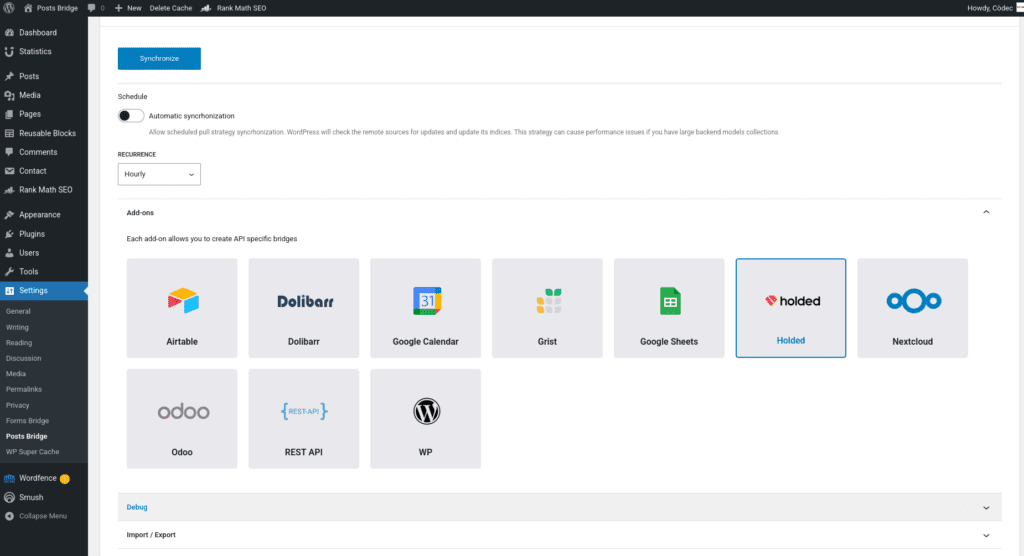 Screenshot of the addons panel on the general settings tab with the Holded addon activated
