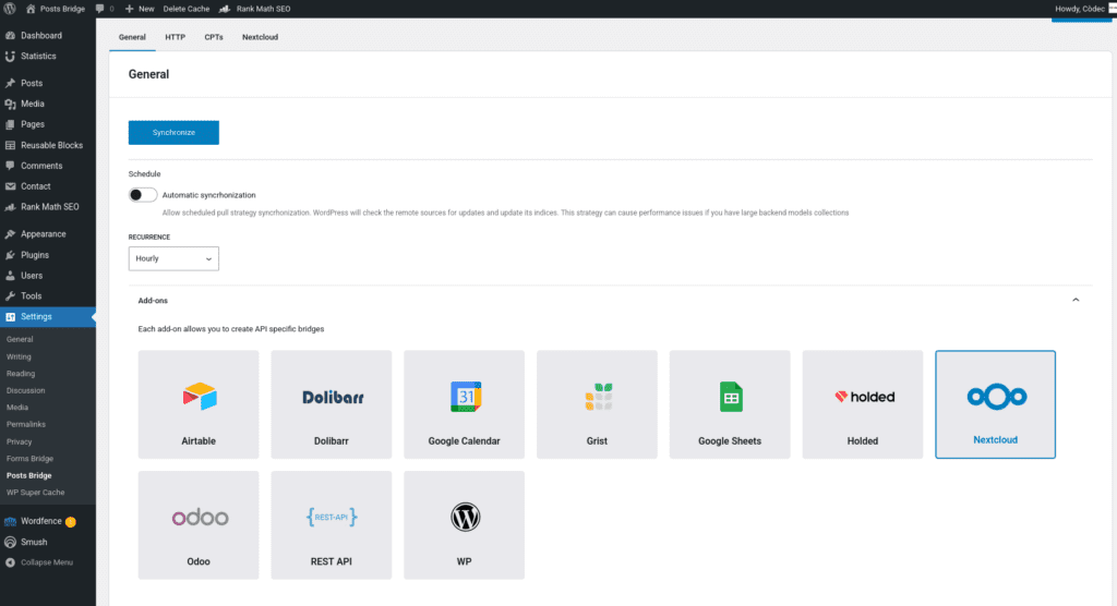 Screenshot of the addons panel on the general settings tab with the Nextcloud addon activated