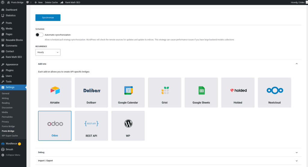 Screenshot of the addons panel on the general settings tab with the Odoo addon activated