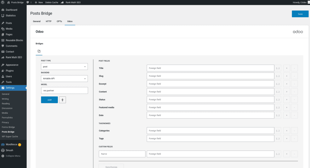 Odoo tab out of the box without bridge configurations.