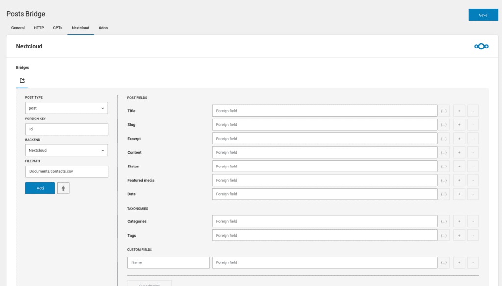 Screenshot of a nextcloud bridge configuration setup